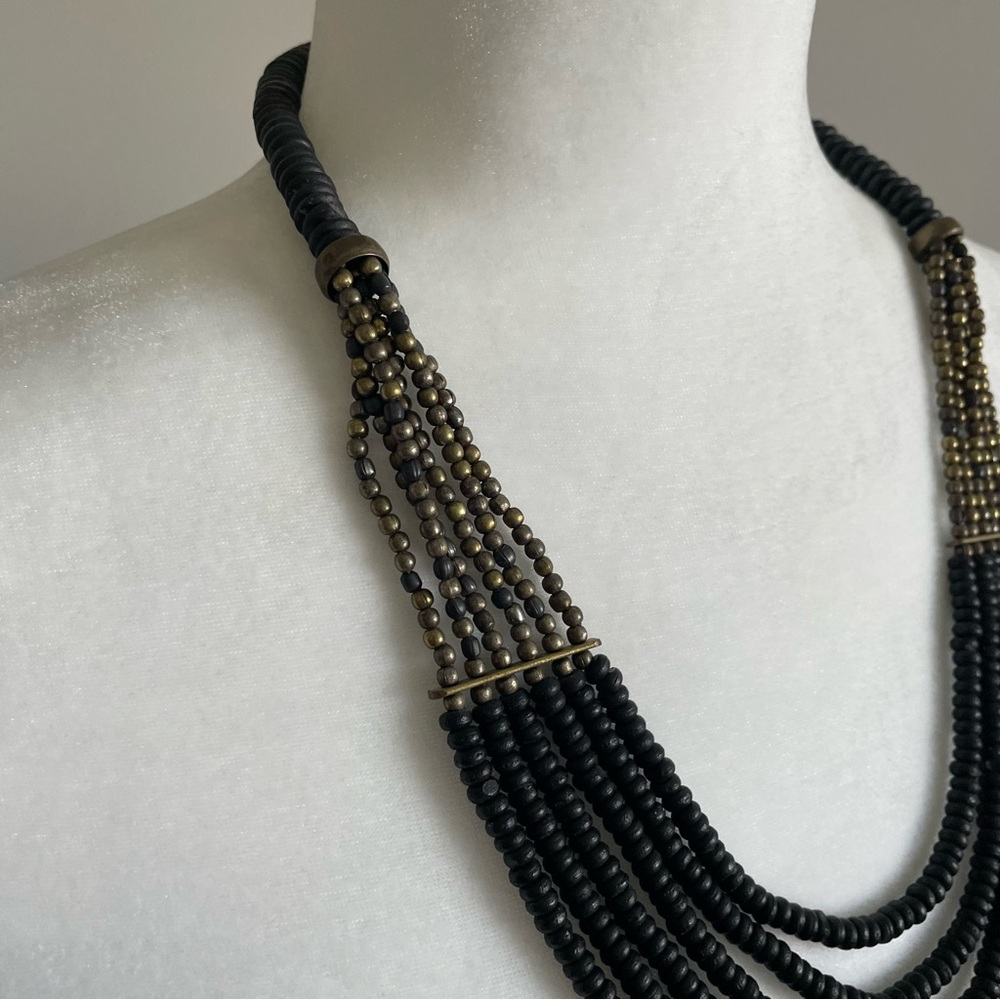 Vintage Beaded Necklace, Black Beaded Necklace, Gold beads, Brass beads - Picture 2 of 6